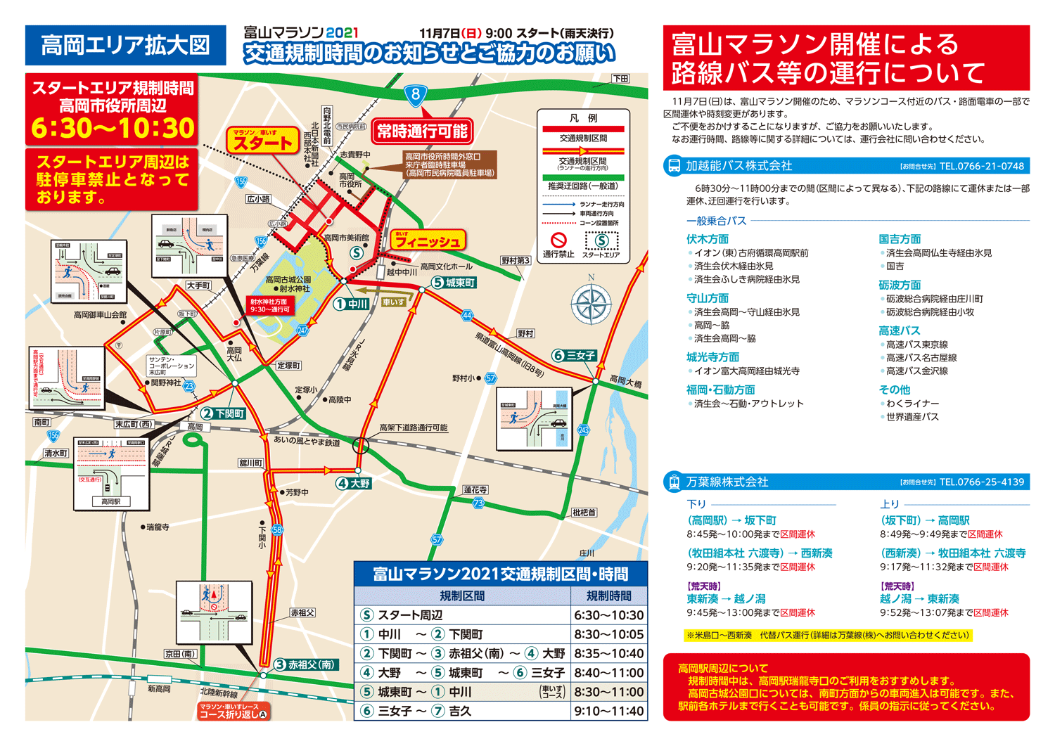 富山マラソン2021の交通規制マップ(高岡エリア)