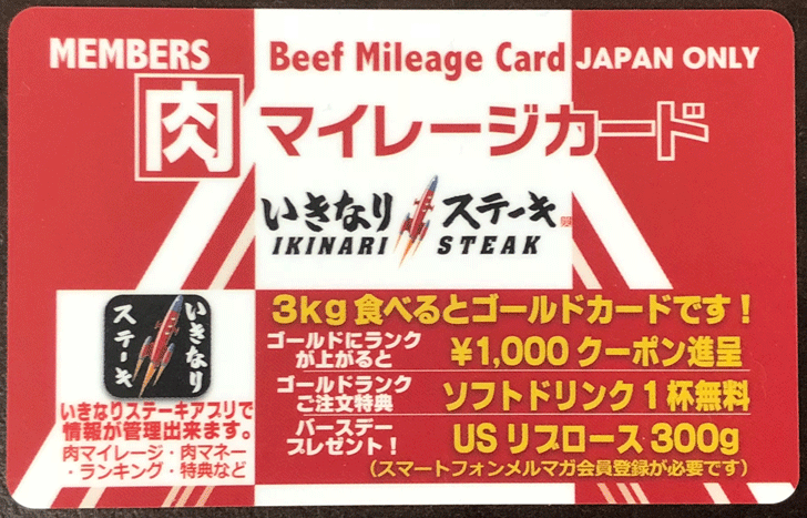 いきなりステーキ天正寺店の肉マイレージカード