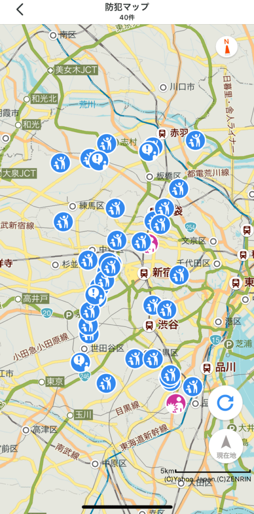 Yahoo!MAPアプリの防犯マップ（東京都）