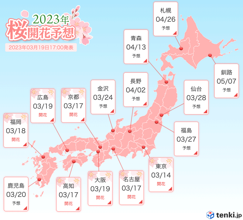 日本全国の桜の予想開花日と予想満開日2023 (tenki.jp)