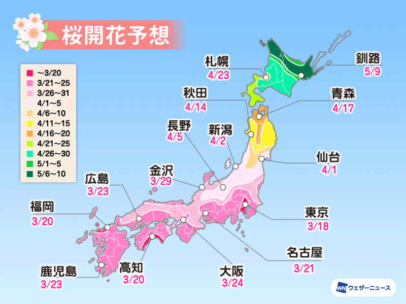 日本全国の桜の予想開花日と予想満開日2023 (ウェザーニュース)