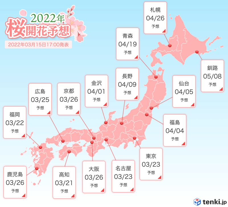 日本全国の桜の予想開花日と予想満開日2022 (tenki.jp)
