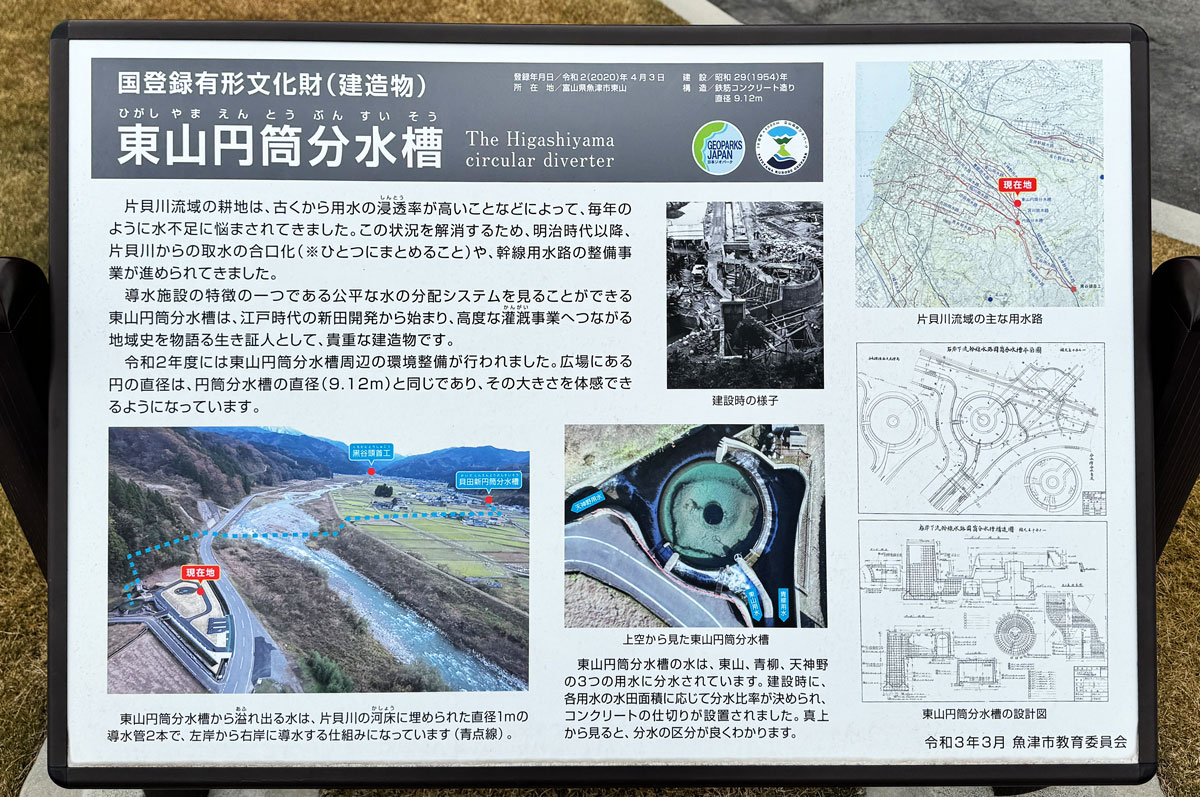 富山県魚津市の東山円筒分水槽の説明看板