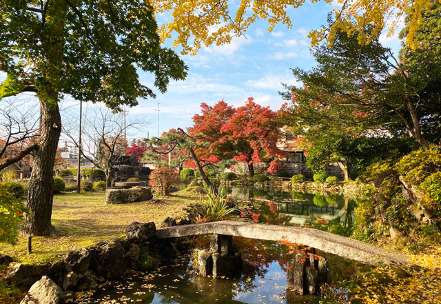 富山市旧大沢野の新緑と紅葉の名所「寺家公園」の和風庭園の紅葉