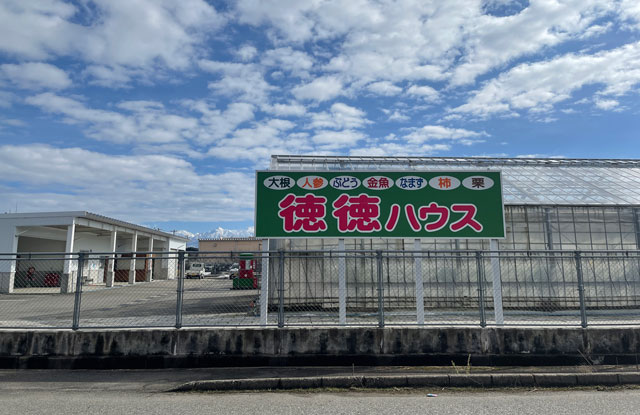 富山市のまちなかで苺狩りができる「徳徳ハウス」の看板