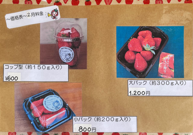 富山市のまちなかで苺狩りができる「徳徳ハウス」のパック売りの料金