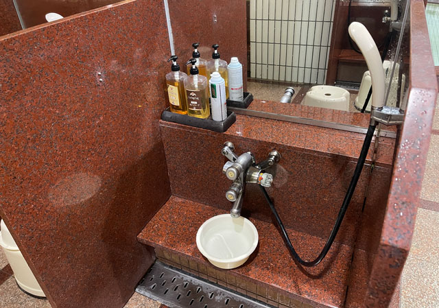 富山県高岡市の北陸健康センターアラピアの大浴場の洗い場のアメニティ