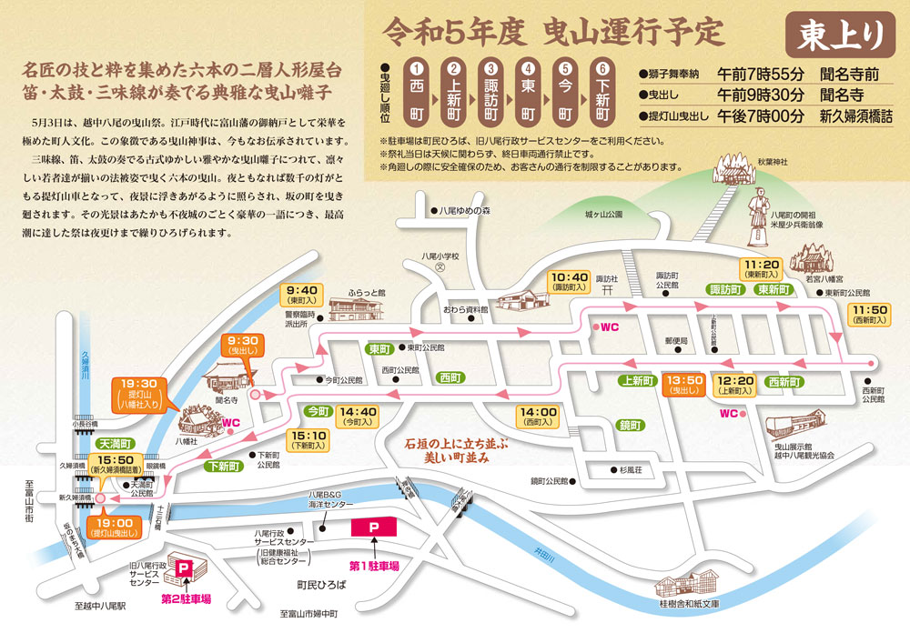 八尾曳山祭り2023の巡行地図(東上がり)
