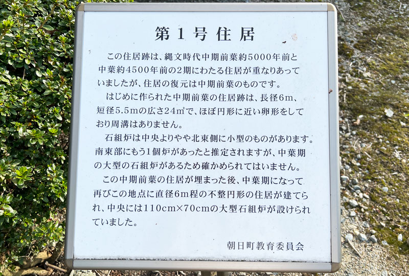 富山県朝日町の竪穴式住居「不動堂遺跡」の第1号住居の説明看板